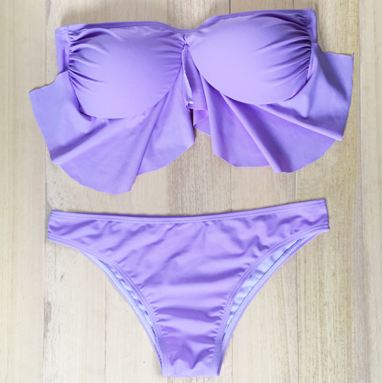 Sexy Pure Purple Lotus Strapless Two Piece Bikini Set