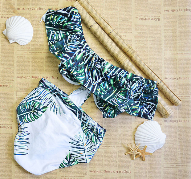 Fashion Green Bamboo Leaf Print Lotus Off Shoulder One Piece Bikini Swinwear