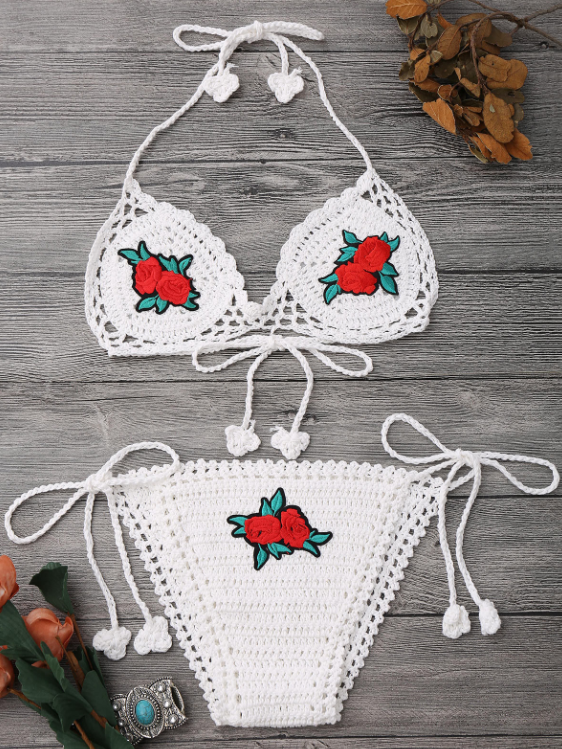 Sexy White Knit Weave Four Knot Three Rose Embroidery Two Piece Bikini