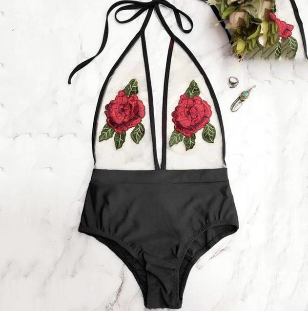 Sexy Black Splicing Gauze Perspective Chest Two Red Rose Embroidery Deep V Halter One Piece Bikini Shoe Thin