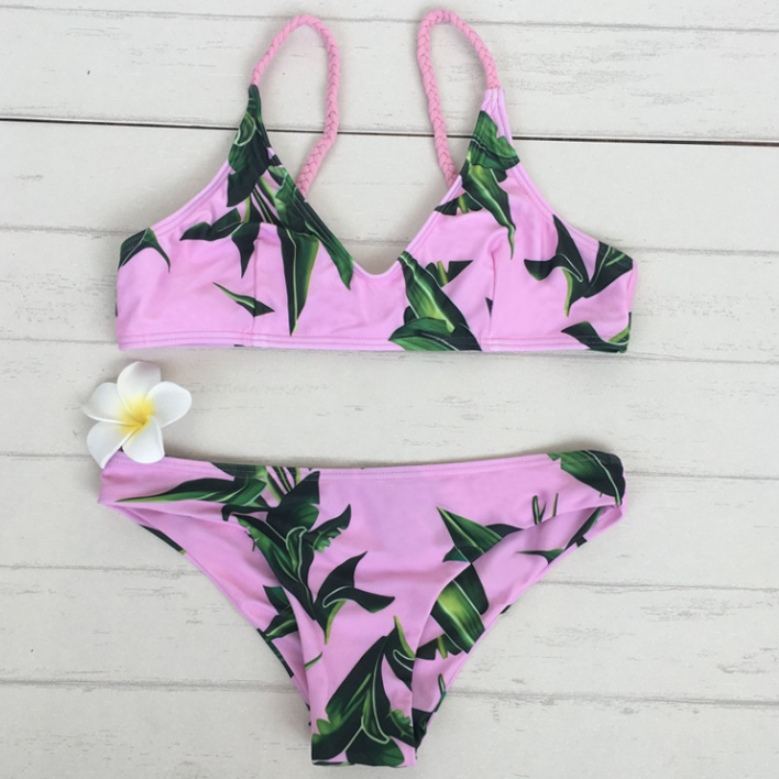 Fashion Pink Green Leaf Print Braid Straps Two Piece Bikini Swimsuit