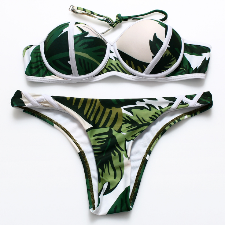 Sexy White Green Leaf Print Gather Type Halter Two Piece Bikini