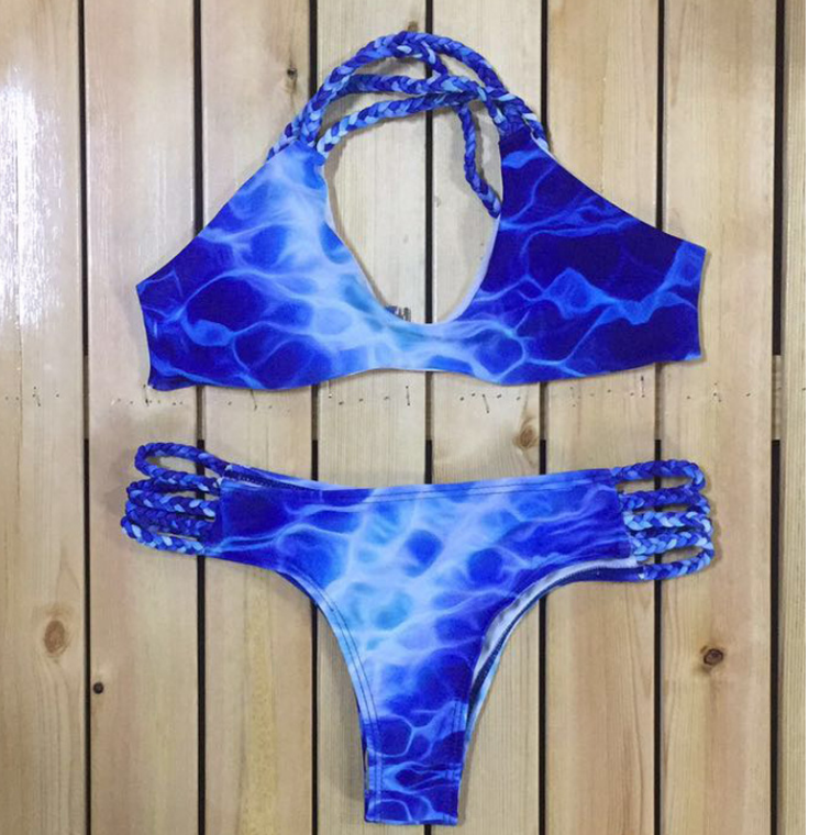 Fashion Blue Gradient Two Straps Braid Bottom Side Hollow Two Piece Bikini Bathing Suit