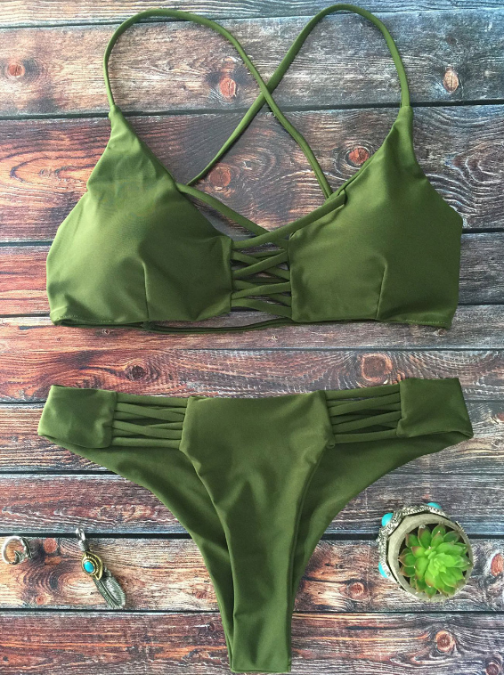 The Pure Color Green Chest And Back Hollow Two Piece Bikini Bottom Side Hollow Green Swimsuit
