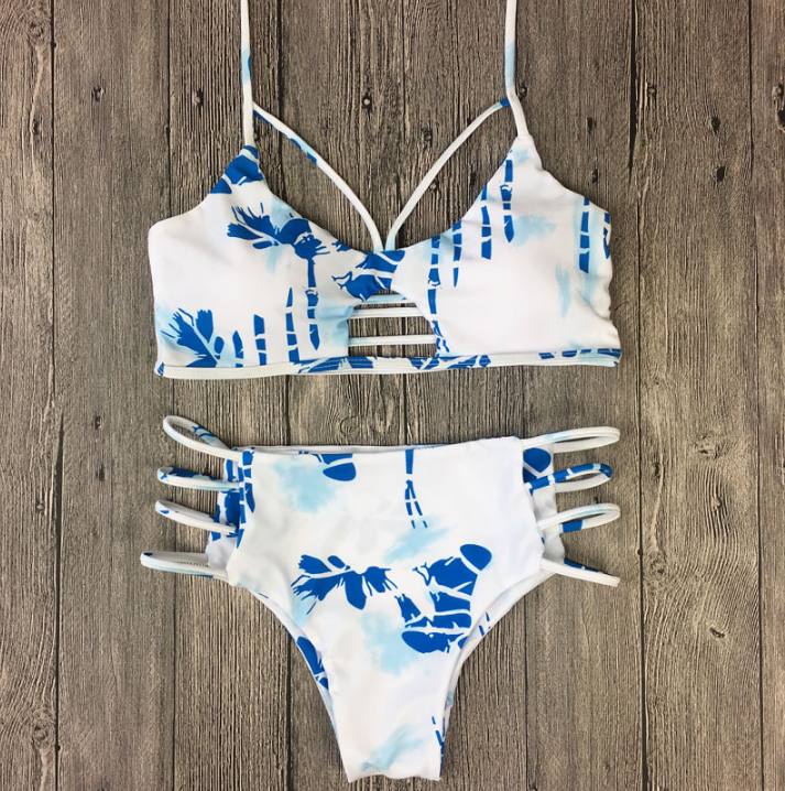 Two Side White Blue Floral Print Show Body Bottom Side Hollow Two Piece Bikini