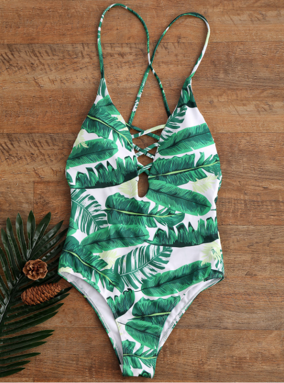 white and green leaf bathing suit