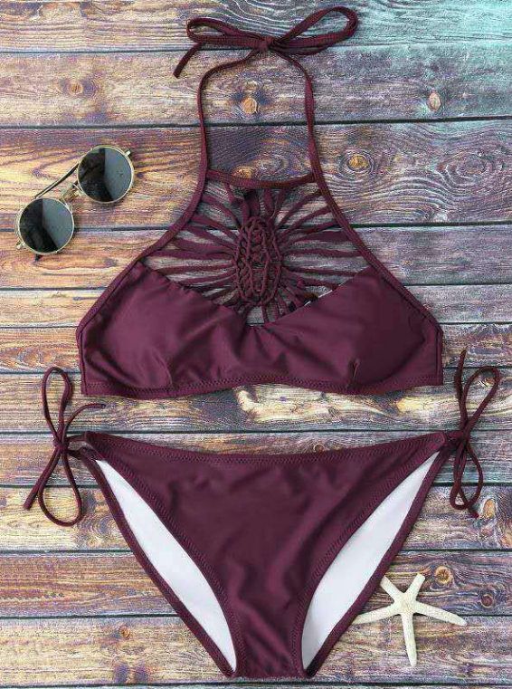 Fashion Pure Wine Red High Neck Round Weave Hollow Four Knot Two Piece Bikini