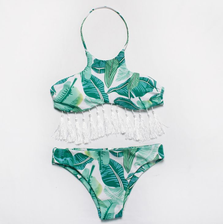 Fashion High Neck Green Leaf Print Halter Bikini And White Tassel Two Piece Bathing Suit Swimsuit