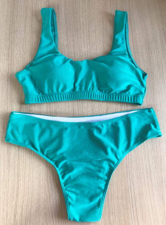 2017 Fashion Pure Color Green Vest Type Two Piece Bikini Bathing Suit Set