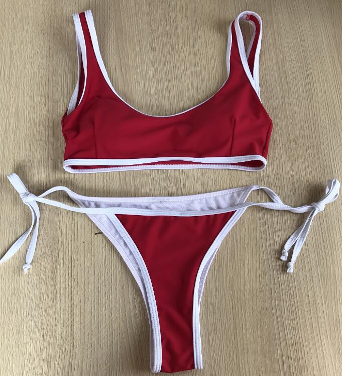 Holiday Summer Bikini Red Edge White Vest Type Bottom Side Knot Two Piece Swimsuit Set