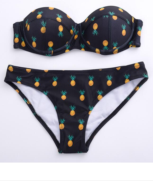 Sexy Black Yellow Pineapple Print Strapless Two Piece Bikini