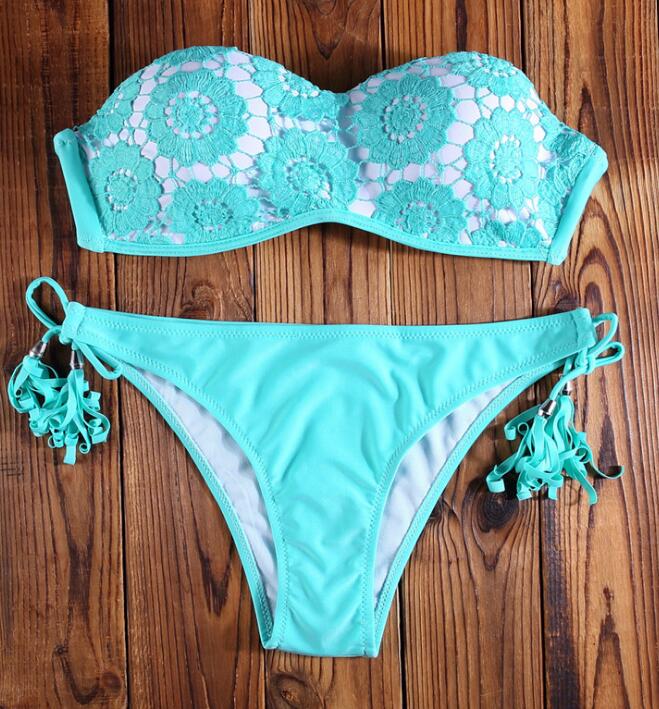 Sexy Green Strapless With White Lace Two Piece Bikini Tassel Swimsuit