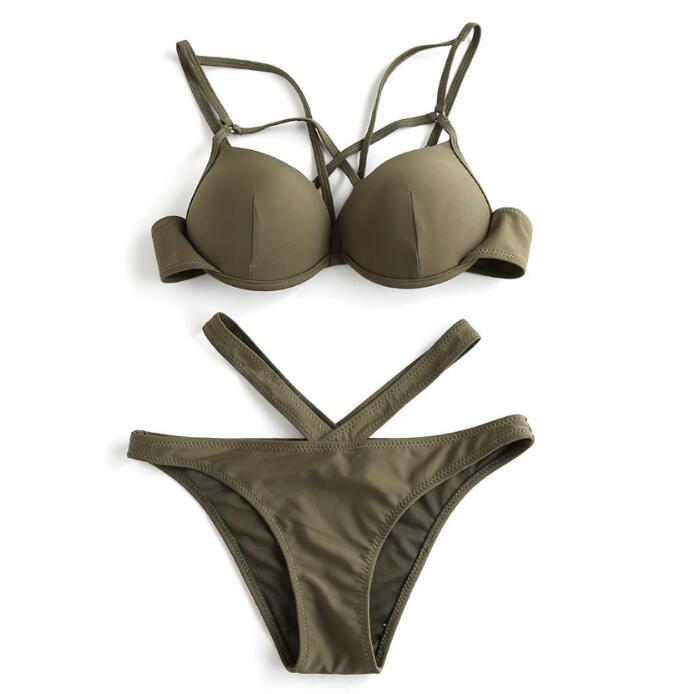 Pure Army Green Polyline Open Two Piece Bikini Show Body