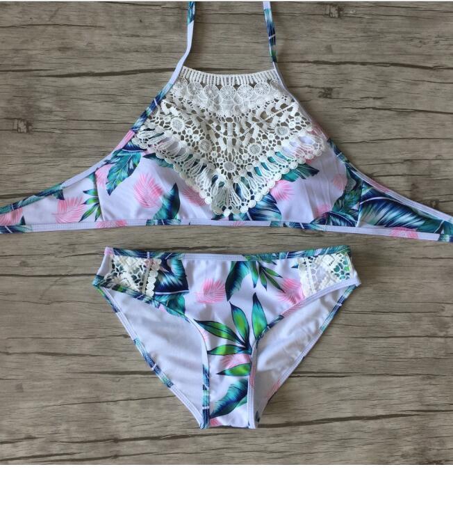 Fashion Pink Green Leaf Print High Neck Halter Back Knot White Weave Hollow Two Piece Bikini Swimsuit