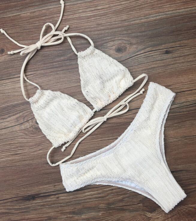 Sexy Pure White Weave Knit Two Straps Halter Back Knot Two Piece Bikini
