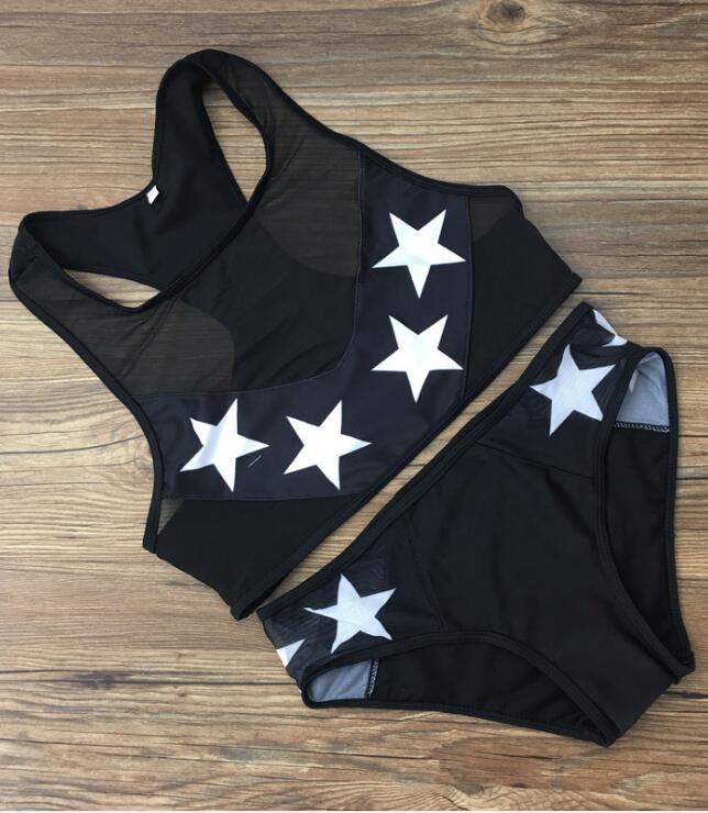 Fashion Black Vest Type White Star Print Two Piece Bikini Cute