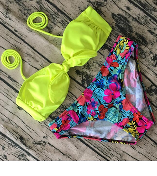 Fashion Cute Upper Fluorescence Green Bow Knot Halter Bottom Colorful Floral Print Two Piece Bikini
