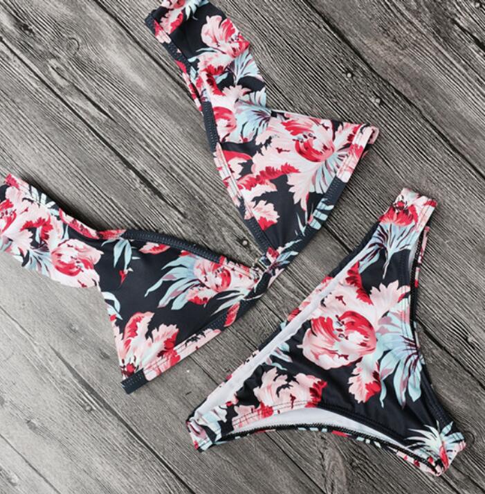 Sexy Colorful F Floral Print Low Chest Lotus Two Piece Bikini