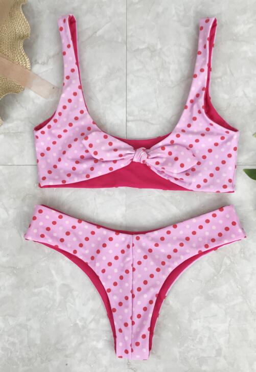 Sexy Cute Pink Dots Print Vest Type Two Side Wear Knot Two Piece Bikini
