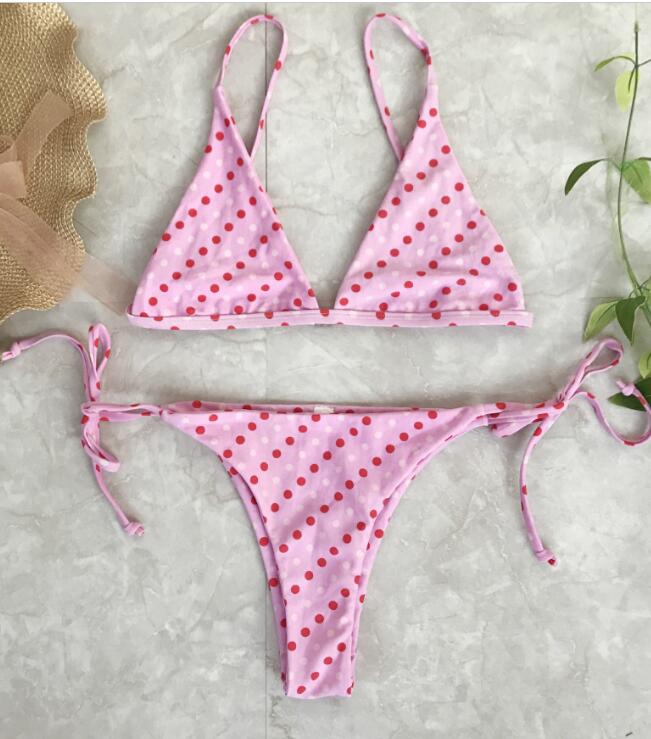 Sexy Pink Dots Print Three-point Swimsuit Bottom Side Knot Two Piece Bikini
