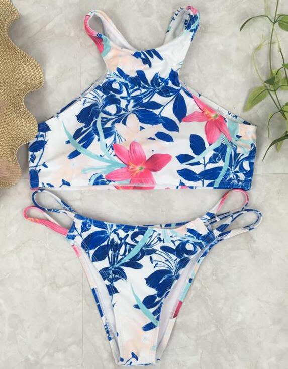 Fashion Background White Blue Red Floral Print High Neck Bottom Side Open Two Piece Bikini