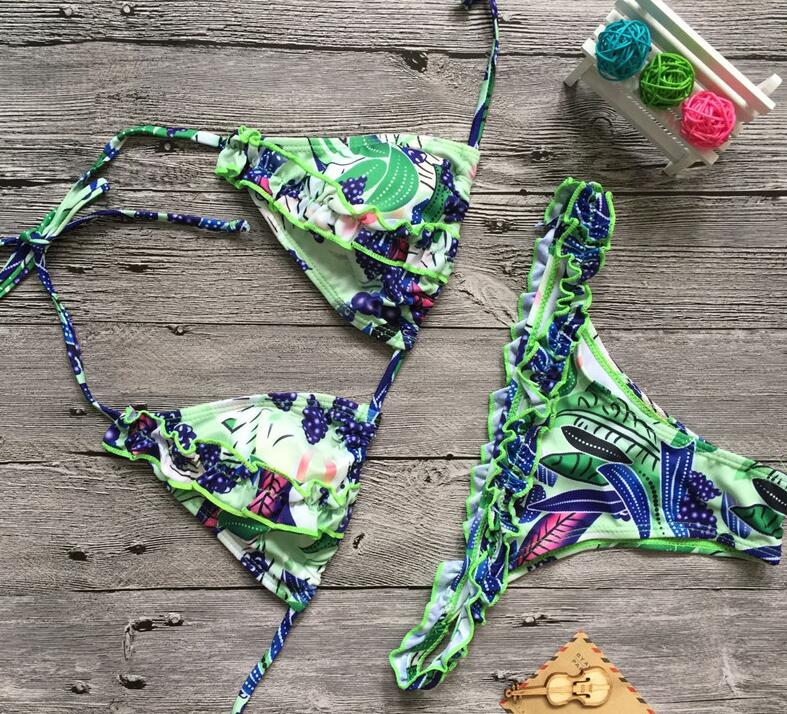 Pleated Edge Green Halter Back Knot Layered Floral Print Two Piece Bikini