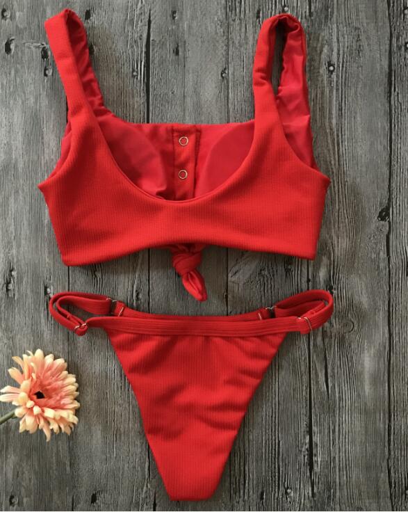 Sexy Pure Red Chest Knot Buckle Vest Type Two Piece Bikini
