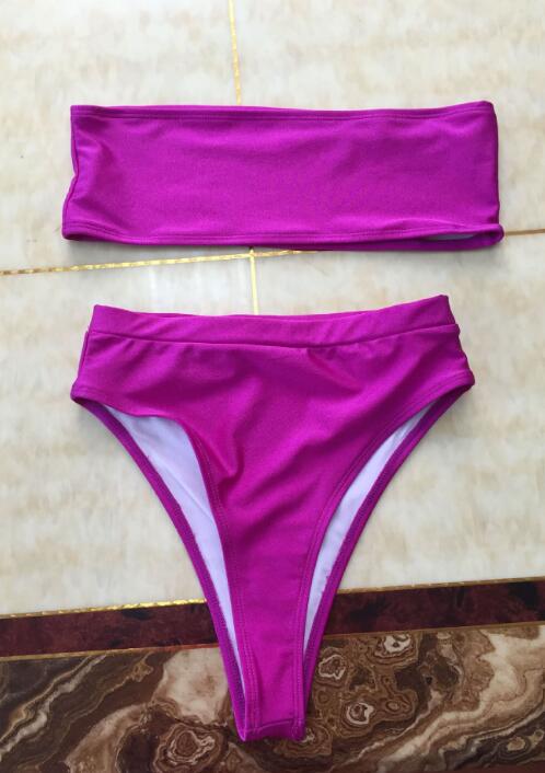 Sexy Fashion Wrap Chest Pure Color Strapless Two Piece Bikini Swimsuit Purple