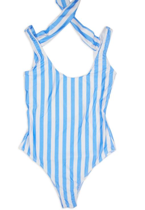 Sexy White Blue Vertical Stripes One Piece Bikini Back Knot Show Thin Vest
