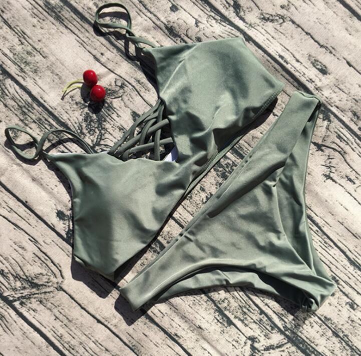Sexy Pure Color Chest Cross Hollow Two Piece Bikini Army Green
