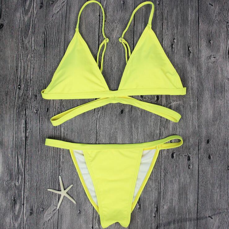 Women Sexy Summer Pure Color Lemon Yellow Straps Show Body Fashion Two Piece Bikini