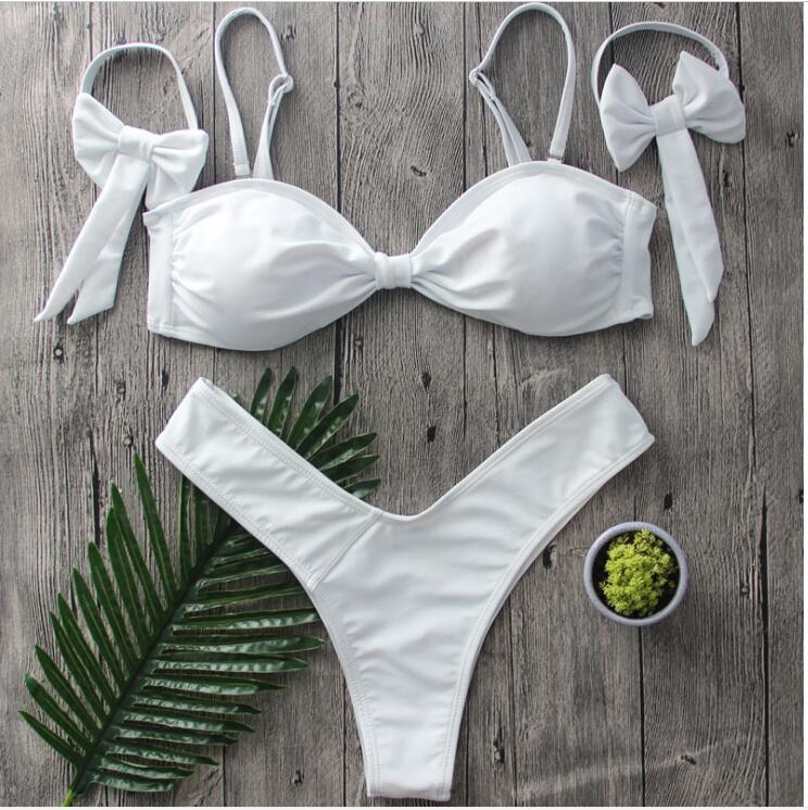 Pure White Off Shoulder Side Knot Wrap Chest Two Piece Bikini