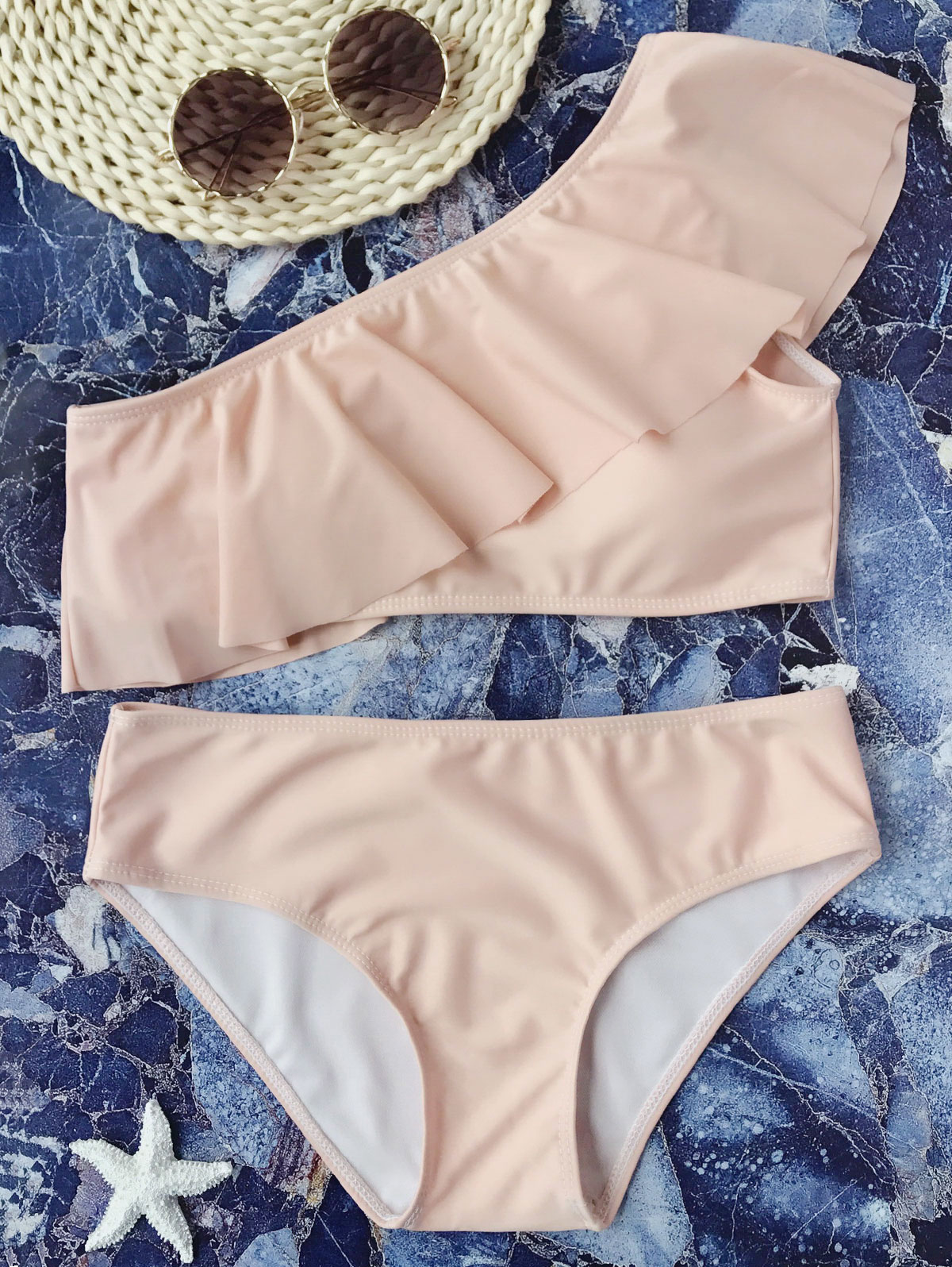 One-shoulder Frilled Top And Hipster Bottoms Two-piece Bikini