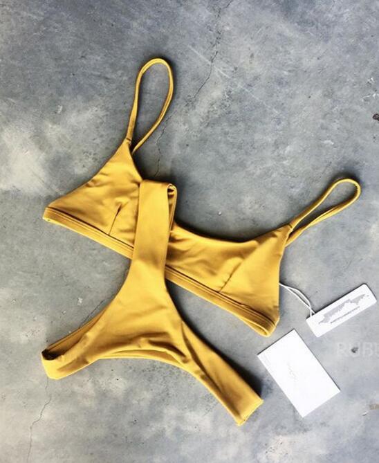 Pure Yellow Vest Type Two Piece Bikini Swimsuit