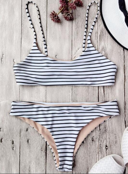 Two-piece Bikini With White And Black Stripes