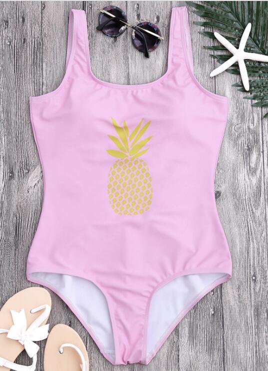 Sexy Pink Backless Yellow Pineapple Print One Piece Bikini Show Thin