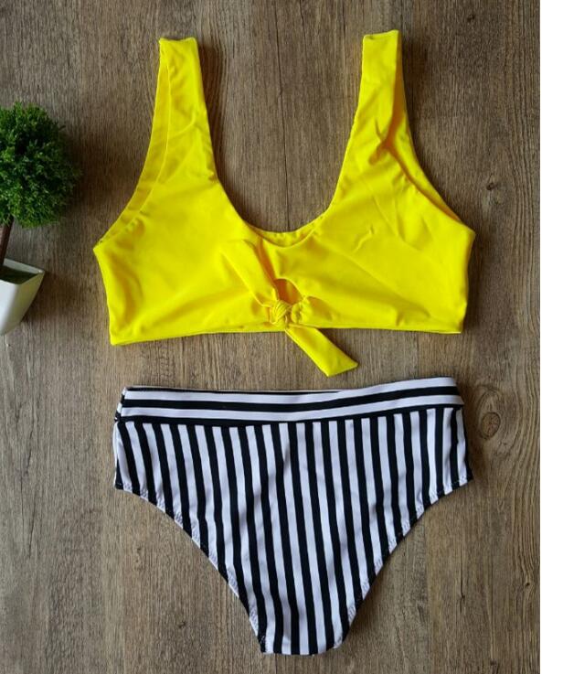 Two-piece Bikini With Bow Knot Top And Striped Bottoms