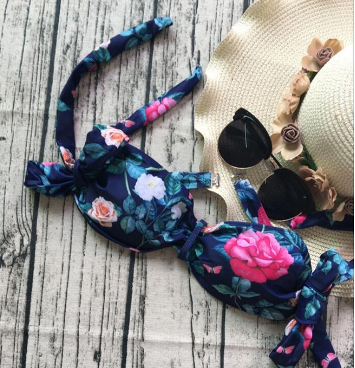 Sexy Colorful Floral Print Strapless Shoulder Knot Two Piece Bikini