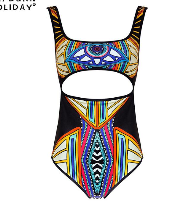 Sexy Totem Printing Geometry Vest Type One Piece Bikini Backless Show Thin