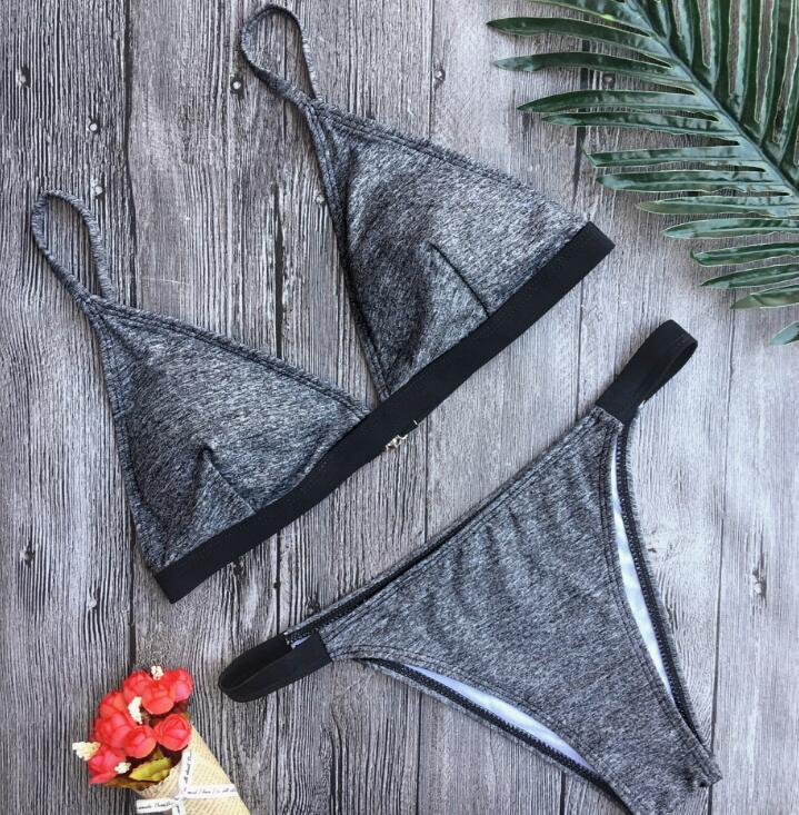 Sexy Dark Gray Edge Black Simple Low Chest Women Two Piece Bikini Bathing Suit