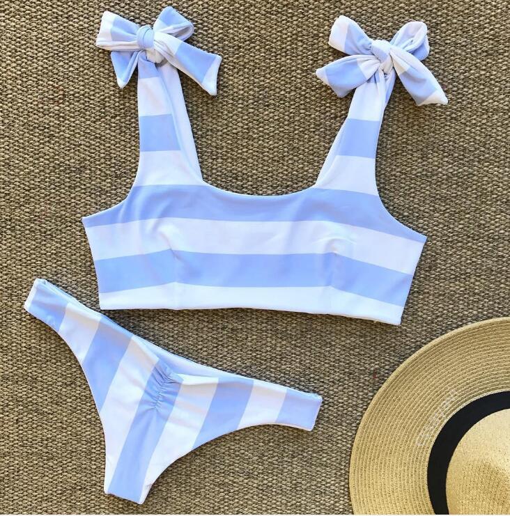 Sexy Blue White Stripe Print Shoulder Knot Two Piece Bikini