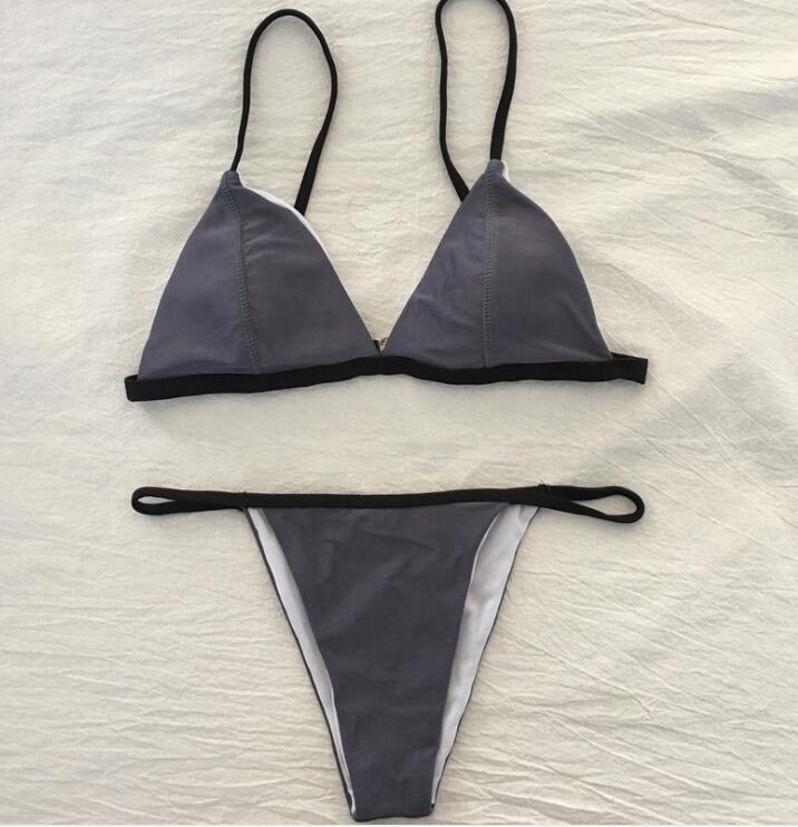 Sexy Dark Blue Edge Black Simple Low Chest Women Two Piece Bikini Bathing Suit