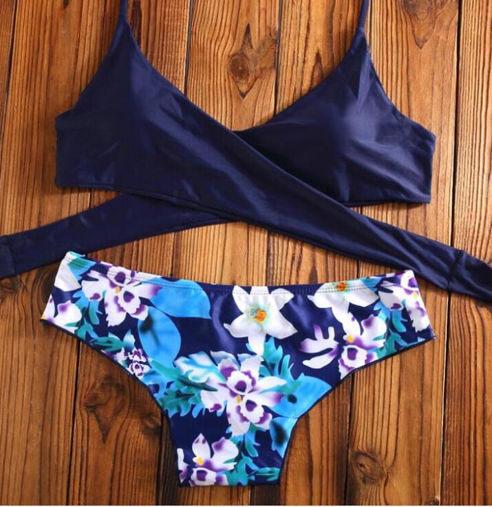 Sexy Women's Navy Blue Chest Straps Cross Bottom Floral Print Two Piece Bikini