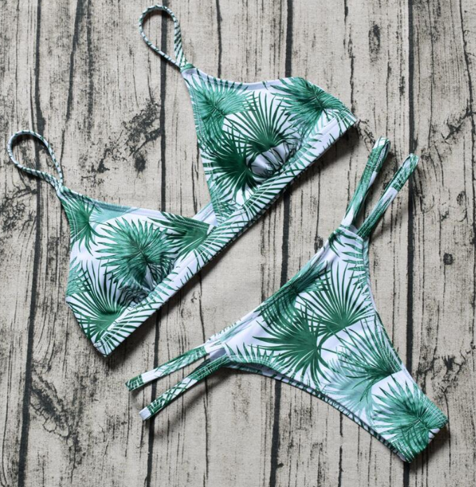 Sexy Seperate Bathing Suits Leaves Prints Splice Triangular Bikini Swimsuits