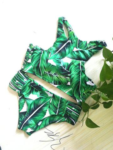 Swimsuit Summer Beach Sexy Leaf Print Green Bikini