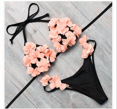 Two-piece Bikini With Triangle Top And High Cut Bottom Featuring 3d Floral Detailing