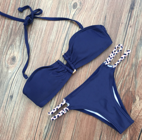 Fashion Sexy Blue Upper Prat Hanging Neck Detachable Under Woven Blue White Join Two Piece Bikini