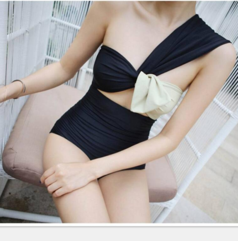 Sexy Women One-shoulder Black Splicing White Chest Bowknot And Chest Holes One Piece Bikini