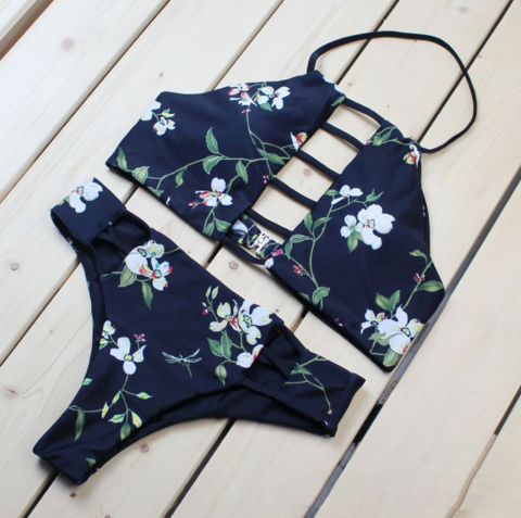 Background Black And Flower Print Chest Hollow High Neck Two Piece Bikini