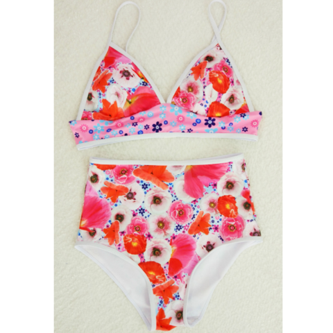 Fashion Pink Floral Print High Waist Two Piece Bikini Swimsit